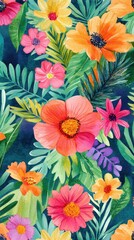 Vibrant floral pattern with colorful tropical flowers and lush greenery