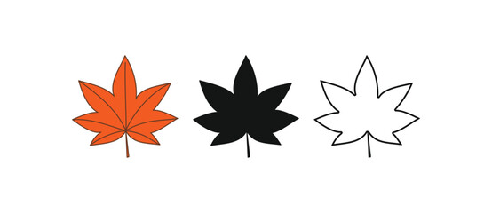 Maple leaf icon set. This vector features a colorful, silhouette, and outline version of a single autumn leaf. Perfect for seasonal designs, logos, and graphic projects