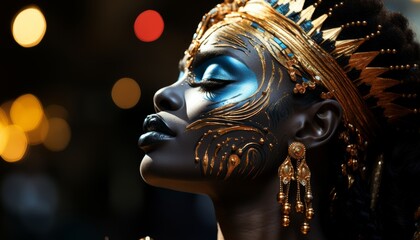 Portrait of afro woman with golden patterns on her face and blue makeup.