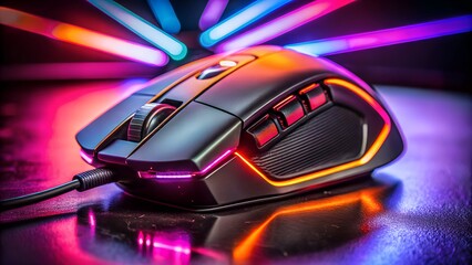A hightech gaming computer mouse with vibrant rgb led lighting, resting on a reflective surface with a colorful, blurred background of light streaks