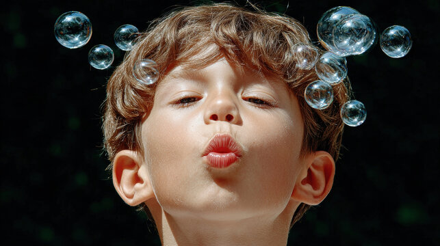Young boy blowing bubbles in park, sunlight highlighting his face, joyful and playful mood, bubbles floating in air, outdoor summer activity