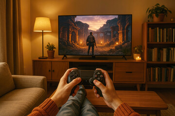 Person relaxing on couch playing a video game with a controller in hand gaming