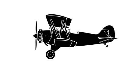 Black Silhouette Icon A vintage biplane in side view with double wings and exposed engine
