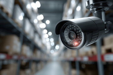 Fototapeta premium A modern security camera is mounted indoors, monitorng a brightly lit industril or warehouse environmentwith shelves and storage bxes