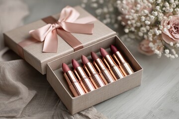 Elegant gift box showcases luxurious rose gold lipsticks, sitting beside delicate flowers on a textured surface