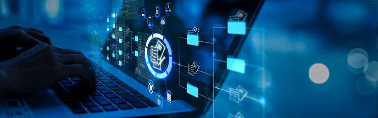 futuristic holographic interface file folder structure documents and data scanning, digital document storage software, cloud computing database, and manage documents, paperless office,