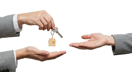 Adult hands exchanging a modern silver house key with a wooden house-shaped keychain, set against a transparent studio background with copy space. Concept of successful real estate transaction