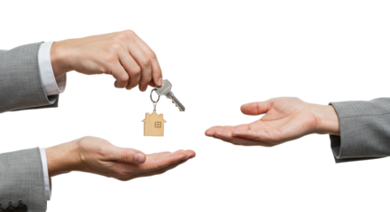 Adult hands exchanging a modern silver house key with a wooden house-shaped keychain, set against a transparent studio background with copy space. Concept of successful real estate transaction