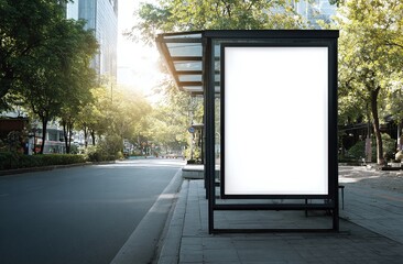 Empty advertising billboard stands at a bus stop along a city street on a sunny day