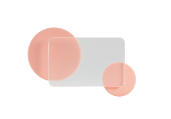 Frosted glass rectangular card, rounded, translucent, overlapping two soft abstract organic coral-pink circles on transparent seamless background, high-key light. Modern digital concept