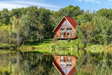 Obraz premium Charming log cabin getaway beside a tranquil lake surrounded by vibrant woods and clear skies