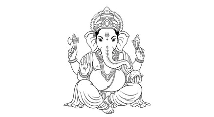 Fototapeta premium Line art sketch of Lord Ganesha in black and white, representing traditional Indian spirituality, religious devotion, and cultural symbolism.