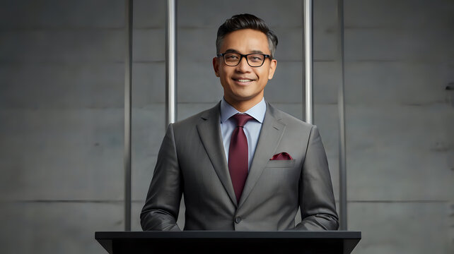 portrait of a businessman, A confident presenter in business attire stands at a modern podium in a professional studio setting