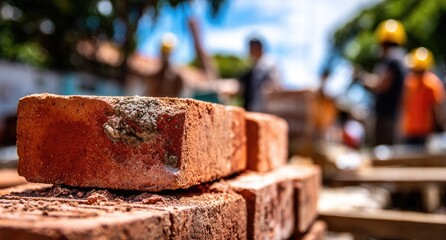 Close-up of stacked terracotta bricks, construction site blurred background