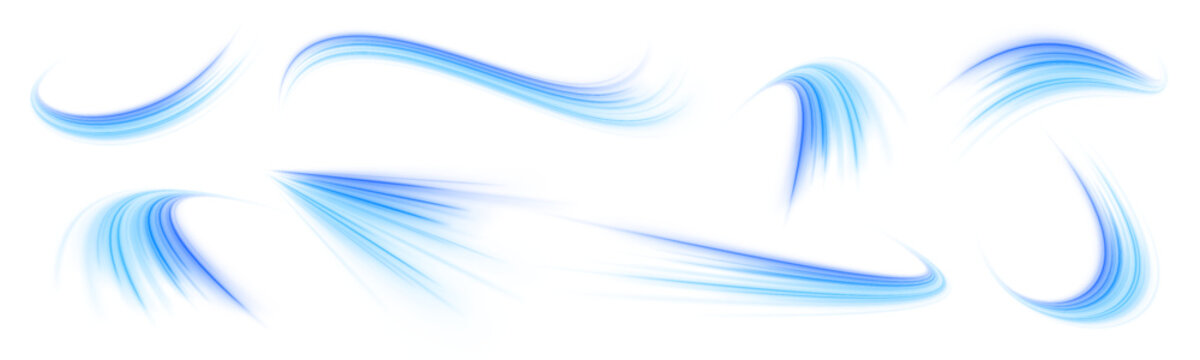 A swirling blue wind stream isolated on transparent background. The curved airflow element represents fresh air movement or AC direction. Ideal for ventilation or cooling visuals. PNG