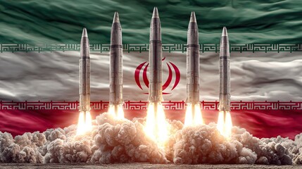 Five missile rockets launch simultaneously with Iran's national flag waving in the background impressively