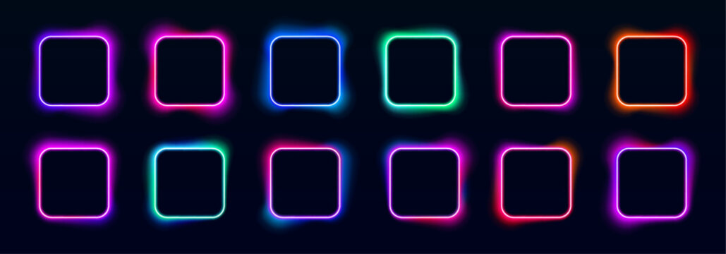 A set of glowing neon square frames shines brightly on a dark background. Each frame features sharp geometric lines with luminous highlights. Perfect for banner templates with space for text.