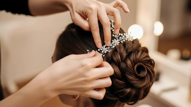 Hair stylist placing jeweled accessory in elegant updo