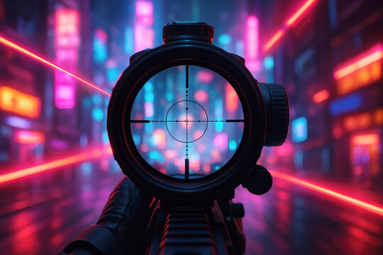 Sniper scope view of a neon-lit futuristic city with a red laser beam passing through the crosshairs