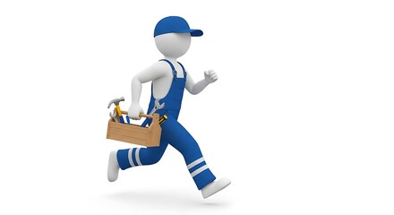 3d man in blue overalls running with toolbox