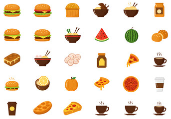 Assorted Food Icon Collection | Cartoon Style Burger, Pizza, Noodles, Coffee, and Fruit Icons for Menu Design, Food Blog, and Restaurant Marketing
