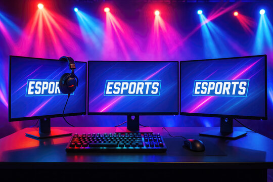 Triple monitor esports setup with headphones keyboard and mouse under stage lighting gaming triple monitors
