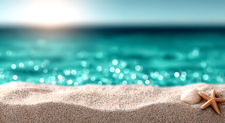 Tranquil Beach Scene with Sand, Shells, and Blue Sky Background