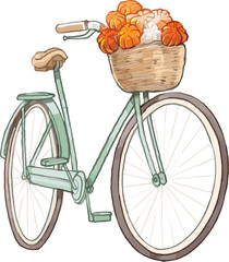 pastel vintage Bicycle autumn pumpkins basket watercolor