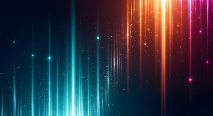 Abstract technology background with glowing vertical light trails in blue and orange. Concept of data transfer, high speed, or futuristic energy.