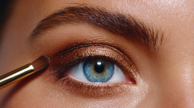 Close up of blue eye with deep bronze eyeshadow being blended with makeup brush, shimmering metallic finish, natural eyebrow, beauty and glamour concept