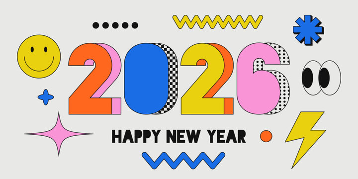 Colorful Happy New Year 2026 design in pop art style. Bold retro banner with geometric shapes. Fun and trendy vector illustration for greeting cards, posters, social media, and festive design projects