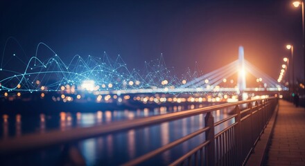 Modern city landscape showing dots and line representing high-speed internet, cloud data storage, computing, global market