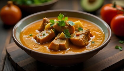 Close-up of Daging Kelem, a Central Javanese beef dish with coconut milk and spices, served in a ceramic bowl on a rustic wooden table, warm lighting, shallow depth of field.