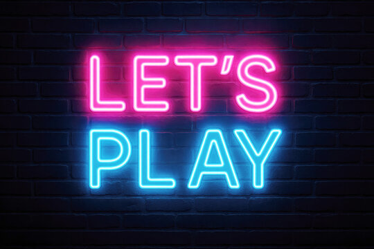 Vibrant Neon Sign "LET' SPLAY" in Pink and Blue on Brick Wall lets play