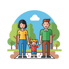 Family holding hands walking in a park.