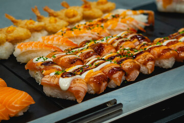 Delicious Sushi Assortment Featuring Fresh Salmon and Shrimp