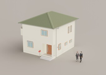 家とスーツを着た男女