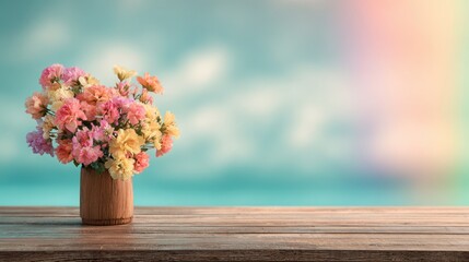 Wooden_table_with_rainbow-colored_flower_bouquet