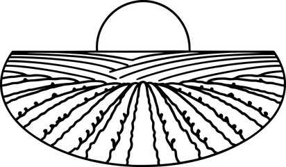 Obraz premium Rural farmland landscape outline with rising sun, cultivated fields, agriculture concept, linear illustration