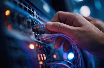 Hand connects light gray cable to server rack in bluelit data center