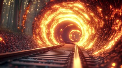 Futuristic tunnel railway tracks with glowing fire - Powered by Adobe