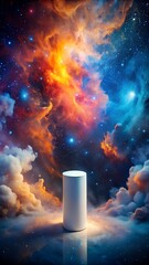 Fototapeta premium A solitary white cylindrical pedestal stands amidst a vibrant cosmic nebula of swirling orange, blue, and red clouds, illuminated by starlight and surrounded by ethereal smoke