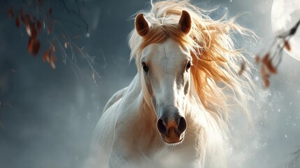 Fototapeta premium A majestic white horse with flowing mane stands out against a misty, ethereal forest backdrop under a glowing full moon.