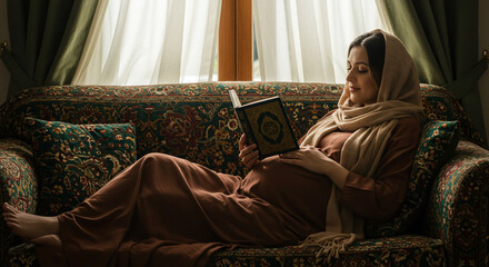 Fototapeta premium Pregnant Muslim woman wearing a hijab rests on a sofa, gently touching her belly while reading a book.