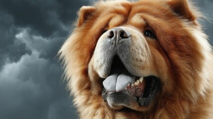 Close-up of a fluffy Chow Chow dog with a blue tongue against a cloudy, dark sky background.