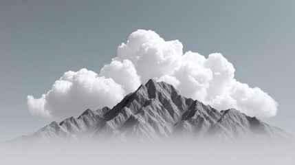 Distant mountain silhouette under soft cloudy sky, dramatic peaks rising above gentle mist, tranquil and serene landscape with high fidelity detail