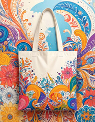 Colorful floral paisley tote bag design.