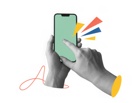 Black and white hands in a white shirt holding a phone with a empty screen. Illustration on transparent background in a modern collage style
