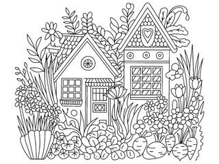 Cute Cottage Houses with Garden Flowers Line Art for Coloring Pages