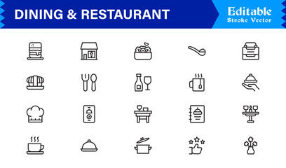 Dining and restaurant line icon set with clean, editable, pixel-perfect vector icons. Ideal for modern culinary, hospitality, food service, and cafe themes.